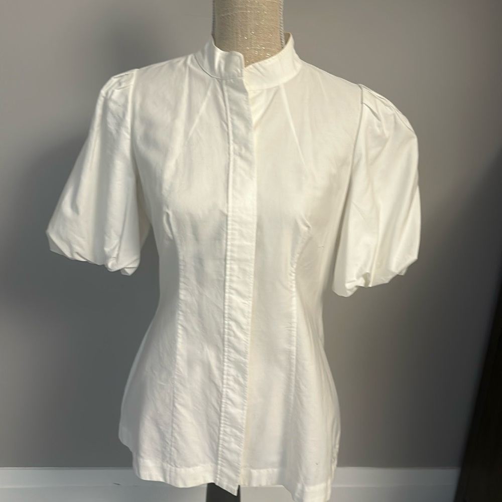 Banana Republic White Mandarin Collar Puff Sleeve Top